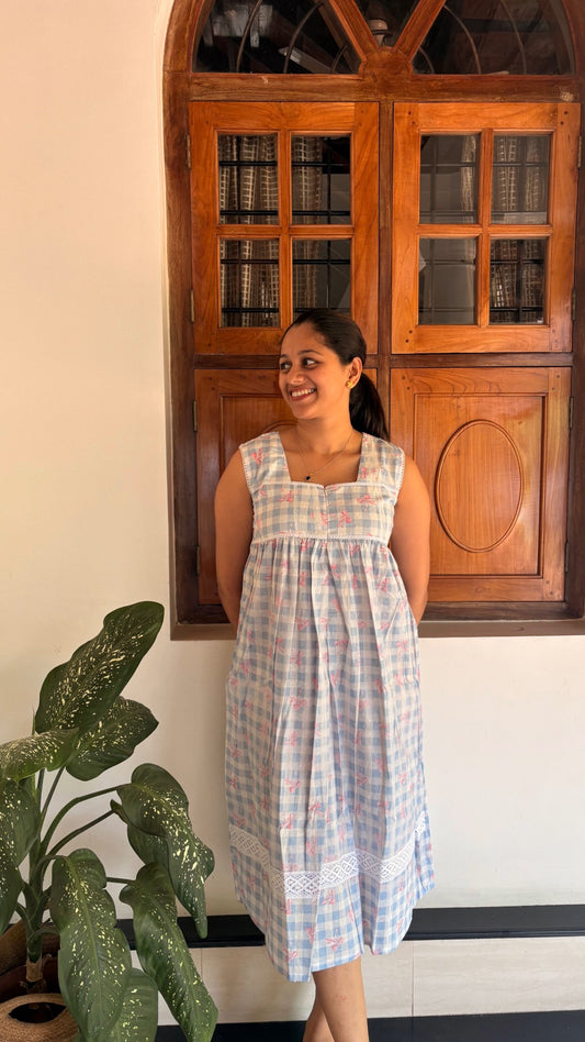 Blue checks bow dress